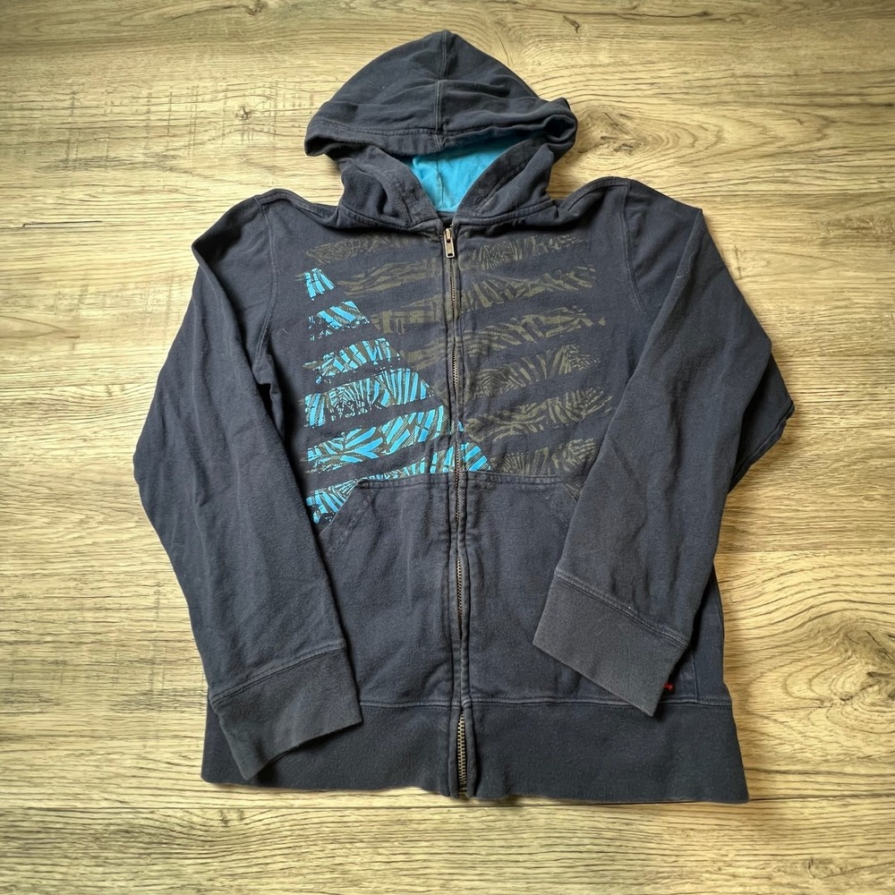 Hawk Full Zip Hoodie Boys L 14/16 Navy Blue Graphic Print Skater Sweatshirt W28